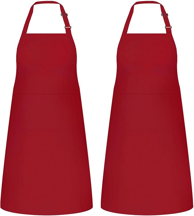 NLUS 2 Pack Kitchen Aprons with 2 Pockets for Women Men, Chef Aprons for Baking BBQ Cooking, Red