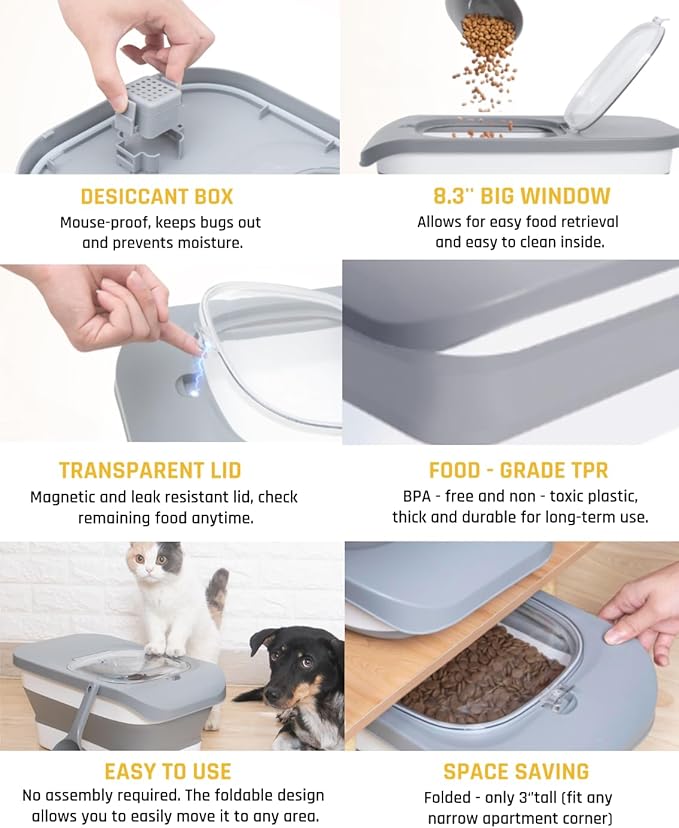 HOYTAMDAR 13 Lbs Dog Food Container, Collapsible Dog Food Storage Container with Airtight Lid, Cat Food Storage container Dry Food for Pets, Rice, Cereal, Silicone Pet Bowl and Dog Food Scoop