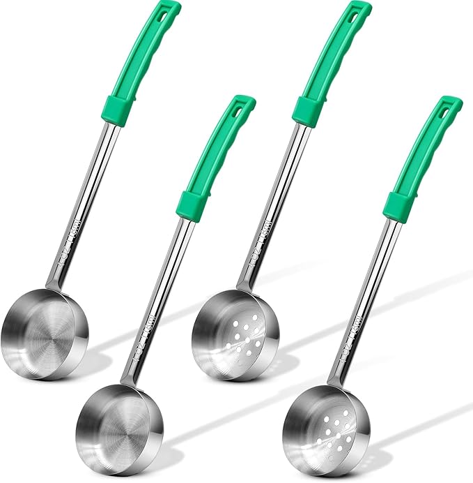 4 Ounce Stainless Steel Portion Control Ladle Spoon - 4Pcs Slotted and Unslotted Pizza Sauce Serving Spoons Portion Ladle for Sauces, Perfect for Weight Watchers, Buffets, Parties