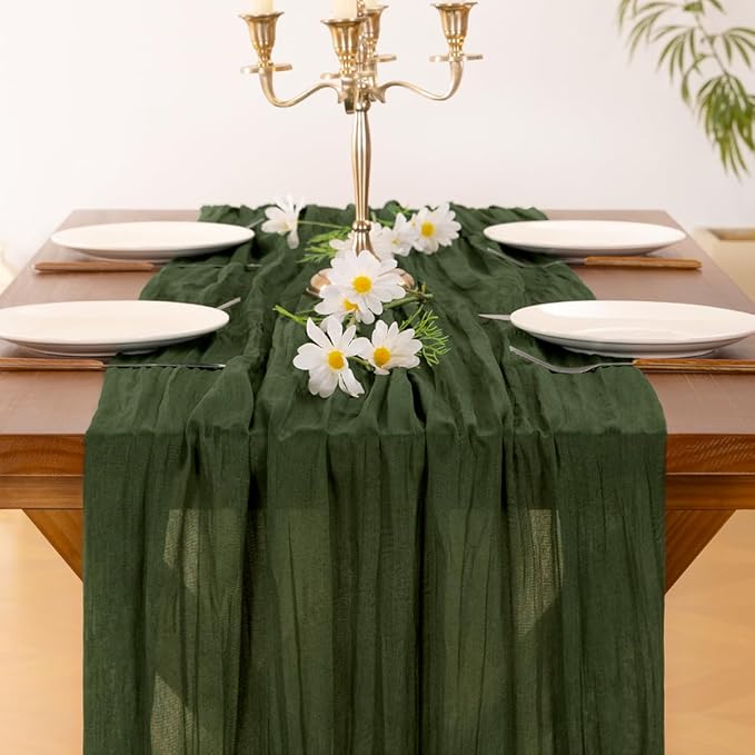 Socomi 3pcs Olive Green Spring Cheesecloth Table Runner Boho Rustic Gauze 120 inch 10FT Cheese Cloth Runner for Wedding Party Baby Shower Birthday Home Decor