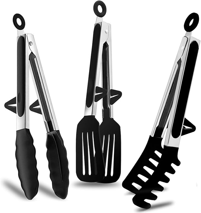 Kitchen Tongs, 9 Inch Tongs for Cooking with Silicone Tips, Food Grade Small Silicone Tong, Mini Serving Tongs for Nonstick Pans, BBQ, Salad, Set of 3, Black