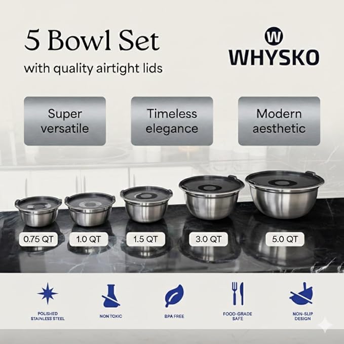 WHYSKO Stainless Steel Mixing Bowls with Lids Set - 5 Rustproof Metal Nesting Mixing Bowls Set for Kitchen, Meal Prep, Baking, Cooking, Storage, Dishwasher Safe - .75, 1, 1.5, 3 and 5 qt bowls