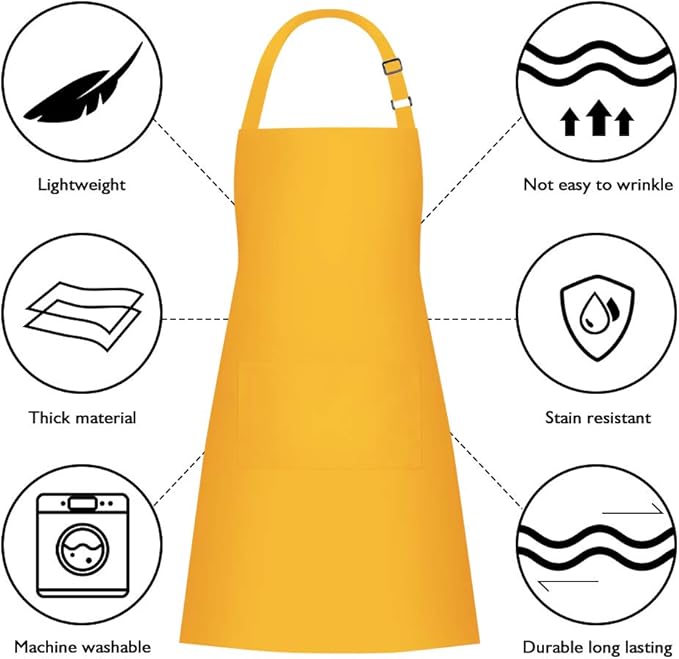 Jubatus 2 Pack Bib Aprons with 2 Pockets Cooking Chef Kitchen Apron for Women Men, Yellow