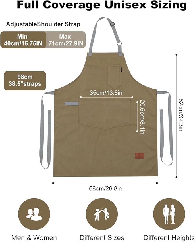 Womens Apron with Pockets Adjustable Shoulder Strap,Aprons for Men 38.5" Extra-Long Straps Fit More Body Types,Chef Apron for Kitchen Garden Barbecue Woodworking(Khaki)