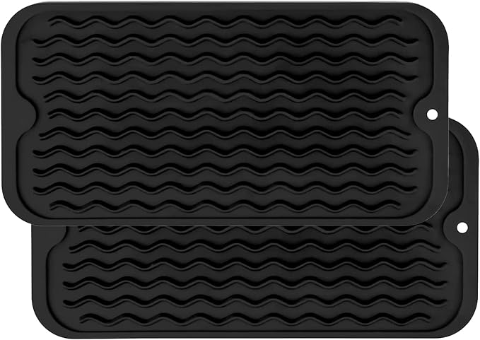 ZLR 2 Pcs Silicone Sponge Holder & Sink Caddy Tray (6" x 12") - Narrow Dish Drying Mat for Kitchen Counter - Waterproof Soap Dispenser Organizer, Non-Slip Bathroom Vanity Tray (Black)