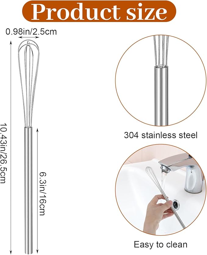 Hecila 1PC Mini Whisk Stainless Steel Mixer Compact Small Whisks for Cooking 10.4 Inch Long Baking Mixer Skinny Egg Beater Whisks Tiny Wire Whisk Kitchen Stirrer for Whisking Beating Egg Blending
