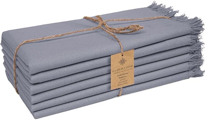 Cloth Dinner Napkins Fringes 100% Cotton Set of 6 - Perfect for Dining Special Occasions Wedding Holidays Christmas - Soft Durable Washable - Elegant 20x20 Inch Cloth Napkins Dark Grey