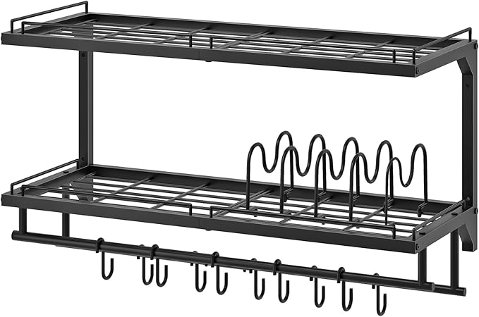 CHOEZON Pot Rack, Wall Mounted Pan Holder, 2-Tier Pot and Pan Organizer, Pot Hanger with 10 S-Shaped Hooks, Cookware Organizer with 5 Removable Metal Wire Dividers, Black TPR35BB