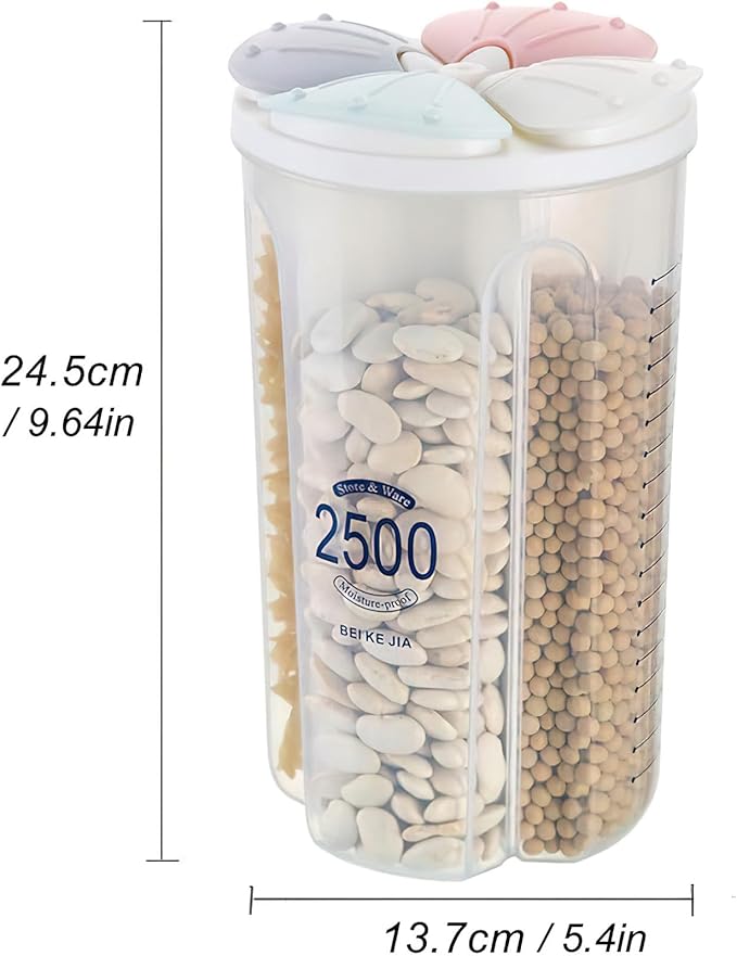 Airtight Kitchen Food Storage Container, Leak-Proof BPA Free Plastic Plastic Dry Cereal Dispensers Containers with Durable Lids for Flour, Sugar, Rice (2500ml 4 Color-4 Grid)