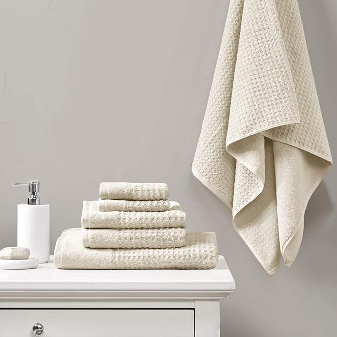 Madison Park Spa Waffle 100% Cotton Luxurious Towel Set, Premium Texture Waffle Weave, Highly Absorbent, Quick Dry, Hotel & Spa Quality Wash Clothes for Bathroom, Assorted Sizes, Natural 6 Piece