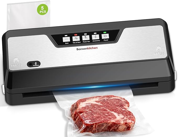 Bonsenkitchen Vacuum Sealer, Multi-Functional Food Sealer with 1 Roll Bag+ 5 Bags, Fast-Compact Design | Bag Storage | Built-in Cutter, External Vacuum System & Accessory Tube, Silver