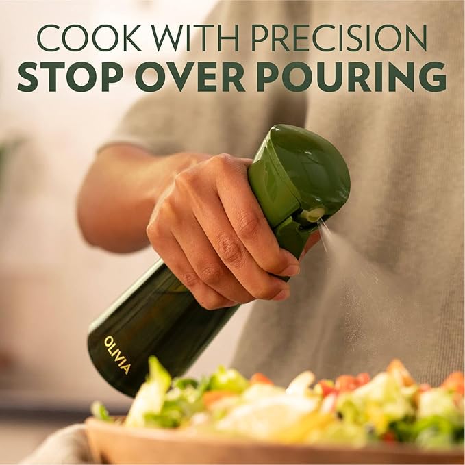 OLIVIA Signature Oil Sprayer for Cooking, 200ml Glass Olive Oil Sprayer, Continuous Cooking Spray with Portion Control, Oil Dispenser for Kitchen, Air Fryer, Salad, BBQ (Green Bottle, Gold Print)