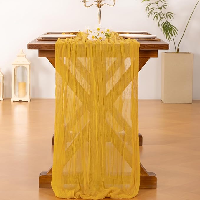 Socomi 6pcs Gold Yellow Easter Spring Cheesecloth Table Runner Boho Rustic Gauze 120 inch 10FT Cheese Cloth Runner for Wedding Party Baby Shower Birthday Home Decor Holiday Decorations