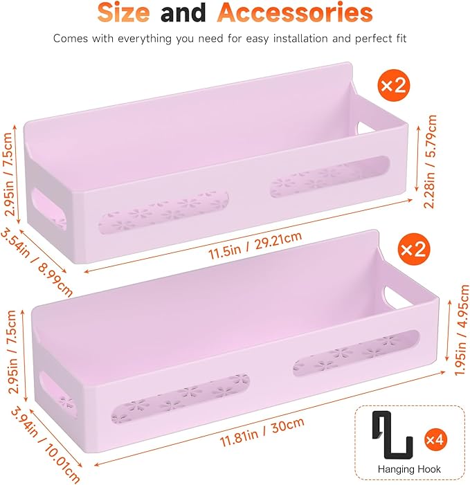 Sevenblue 4 Pack Strong Magnetic Spice Rack for Refrigerator, Multipurpose Magnetic Shelf for Fridge with 4 Hooks for kitchen and Bathroom Organization, Pink