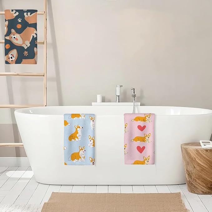 3 Pcs Cute Corgi Kitchen Towels, Cartoon Dog Decorative Absorbent Microfiber Dish Cloth Tea Towel, Waffle Soft Hand Towels for Kitchen Home Bathroom, Dog Lover Gifts for Women