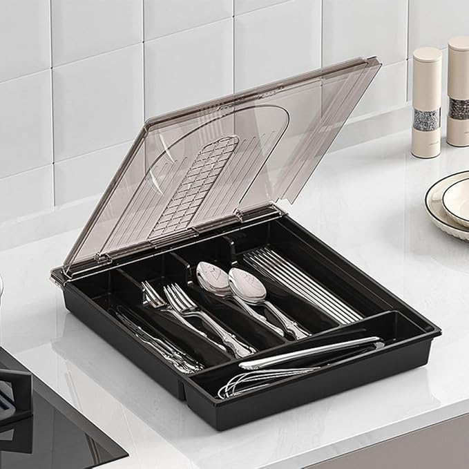 SHOWERORO Large Flip-top Kitchen Silverware Box with Dividers, Black Cutlery Organizer Drawer Storage Tray for Forks, Spoons, and Knives, Convenient Utensil Storage Solution for Kitchen