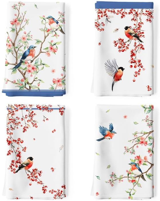 Watercolor Bird Flowers Tea Towels, Cotton Kitchen Towel 18.9 × 27.5 inch, Quick Drying Dish Cloth for Party Anniversary Holiday Decoration, Housewarming Gifts for Mom