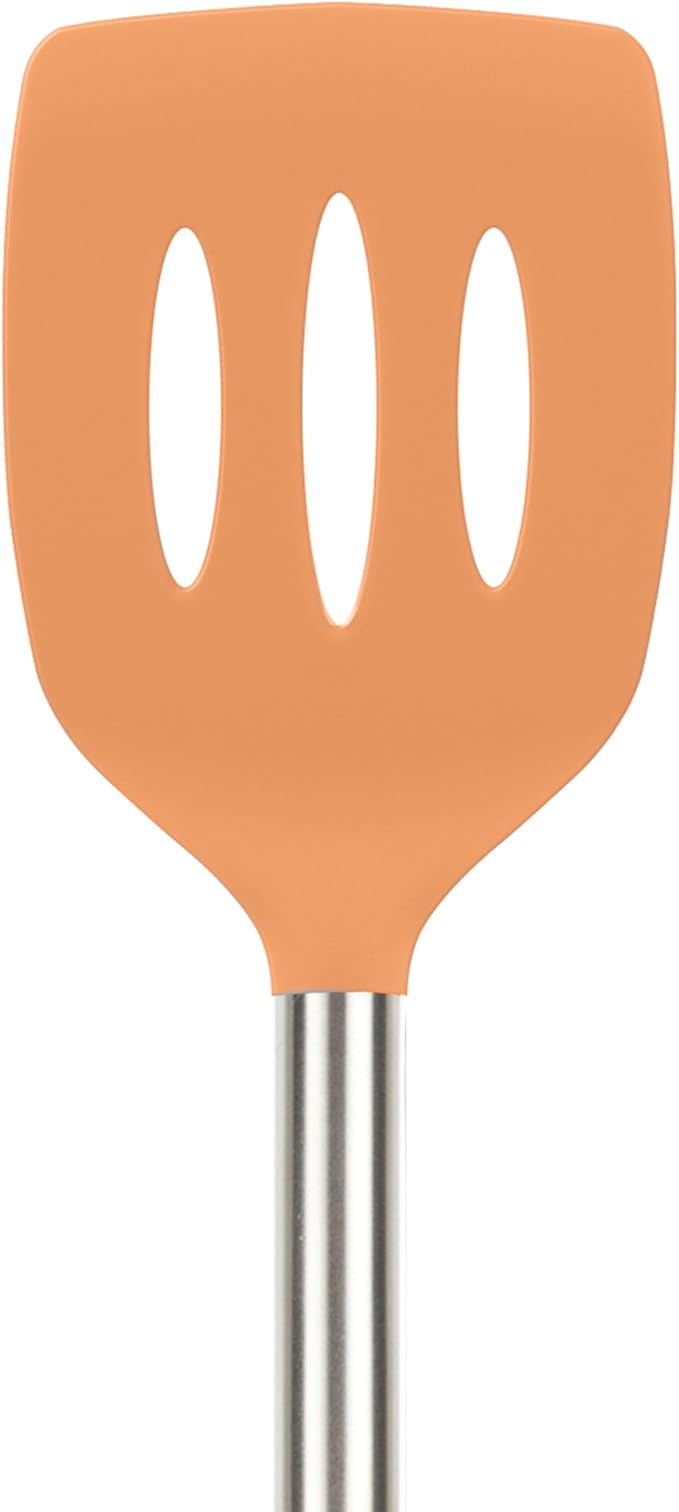 Tovolo Slotted Silicone Spatula Turner Slotted Stainless Steel Handle 10" Apricot Orange Heat Resistant Non Toxic BPA Free Kitchen Utensil, Silicone Pancake Flipper Metal Handle Turner for Cooking
