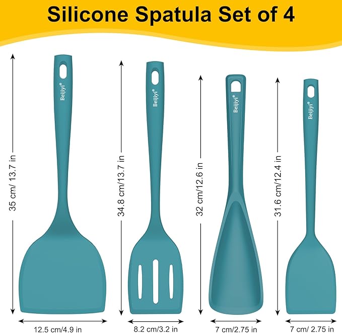 Beijiyi Silicone Spatula Set of 4, 600°F Heat Resistant, BPA Free Kitchen Spatula and Spoons for Nonstick Cookware, Solid & Slotted Turner Cooking Utensils for Serving, Flipping Egg, Pancakes (Blue)