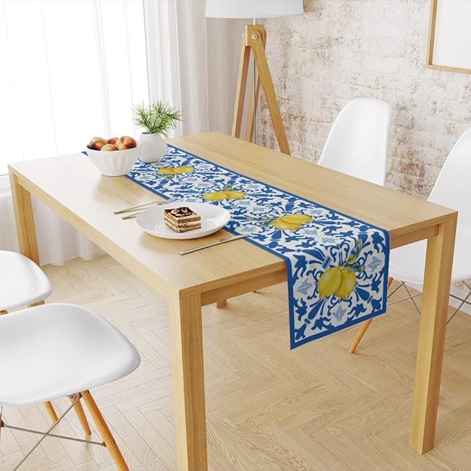 Italy Blue Tiles Runner Decorative, Italian Lemons Summer Table Runner Decorations for Dining Room Kitchen Dresser Decor for Party Holiday, Housewarming Gifts for Women Couple New Home, 13X72 Inches