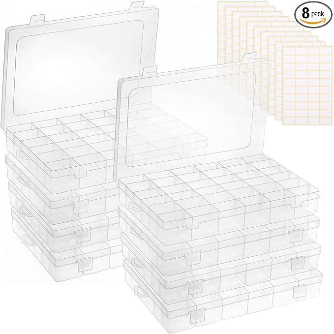 OUTUXED 8 Pack 36 Grids Clear Plastic Storage Boxes with Adjustable Dividers, Beads Storage Containers, Jewelry and DIY Crafts Organization, Screw & Hardware Sorting with 10 Label Stickers