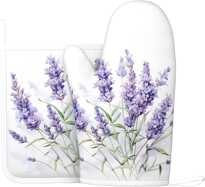Oven Mitts and Pot Holders Lavender Watercolor Flower Floral Silicone Kitchen Accessories Set of 2 Heat Resistant Long Gloves Potholder Non-Slip Grip for Chef Cooking,Baking,Grilling,BBQ