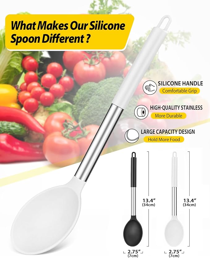 Pack of 2 Large Silicone Cooking Spoon Non Stick Solid Basting Spoons Heat-Resistant Kitchen Utensils for Mixing Serving (Black-White)