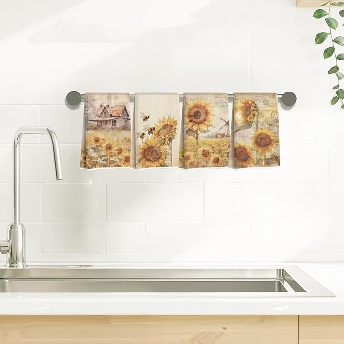 4 Pcs Vintage Sunflower Kitchen Towels, Watercolor Decorative Absorbent Microfiber Dish Cloth Tea Towel, Rustic Waffle Soft Hand Towels for Farmhouse Home Bathroom, Sunflower Gifts