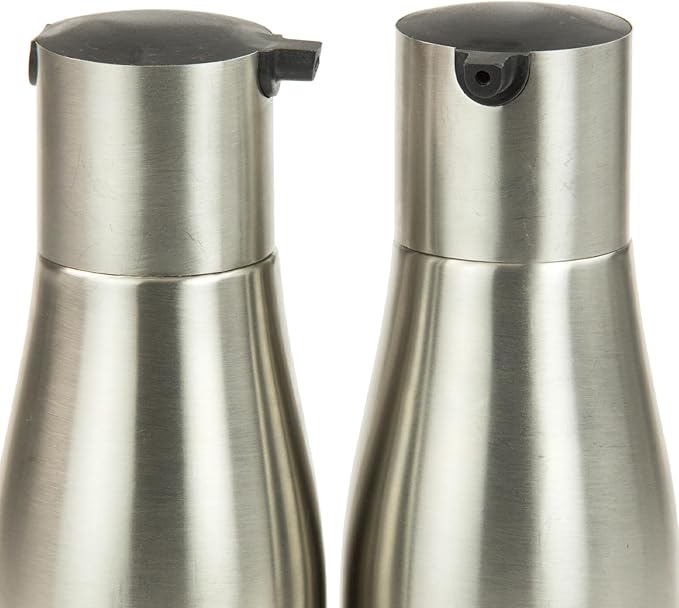 Oil and Vinegar Dispenser Set by Home Basics | Brushed Stainless Steel & Glass Containers with Anti-Drip Spout Lid | Easy Refill with Screw Tops | Labeling in Script "Oil" & "Vinegar"