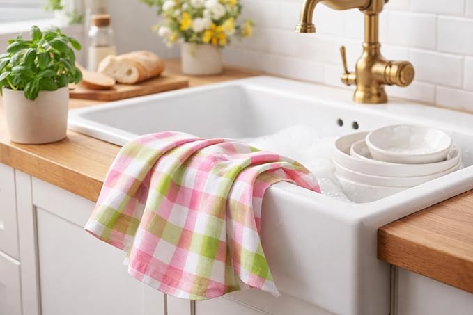 Cloth Napkins Set of 12, Cotton Dinner Napkins 18x18 Inch, Soft Absorbent Gingham Check Napkin for Restaurant, Table Décor, Reusable Washable for Everyday Use - Apple Green/Blush Pink/White