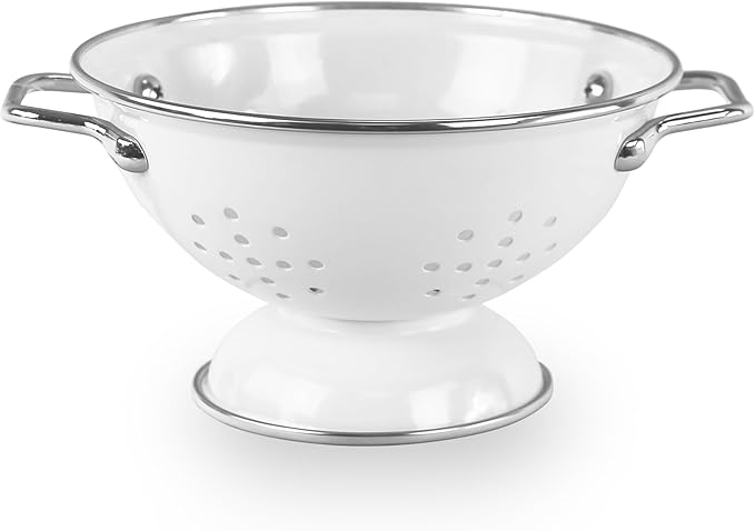 Reston Lloyd, 1 Quart Powder Coated Steel Kitchen Strainer Basket for draining Pasta, Vegetable and Fruit, Chrome Handles and Wide Stable Base, White