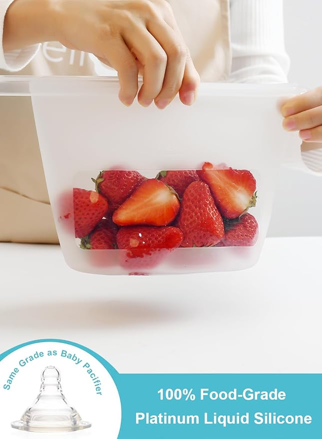 Reusable Silicone Food Storage Bags (Set of 4), Dishwasher Oven Microwave Freezer Safe, Eco-Friendly 100% Platinum, Leakproof Sous Vide Bags, 1 Snack, 2 Sandwich and 1 Half-Gallon, Clear