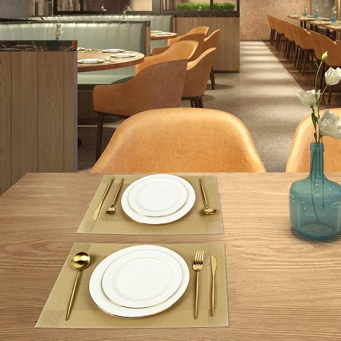 DACHUI Placemats Set of 8, Stylish Woven Place Mats for Dining Table, Washable & Durable PVC Table Mats (Gold)
