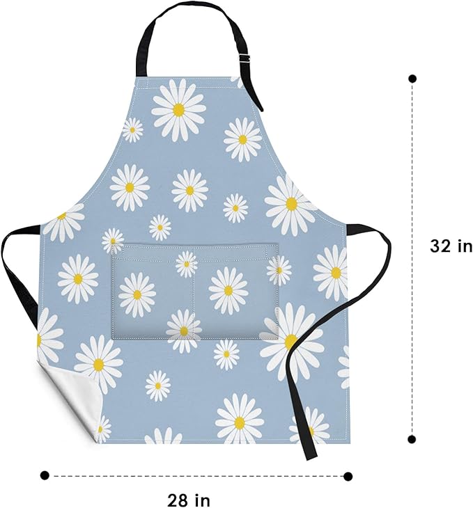 Britimes Apron Home Kitchen Cooking Baking Gardening for Women Men With Pockets Daisies Blue Daisy Flower Sky 32x28 inch