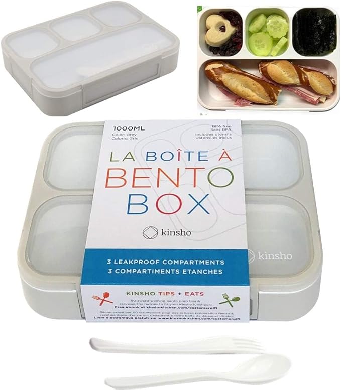 kinsho Bento Lunch Box Container for Kids Adults, Portion Control Meal Prep and Snack Containers, Japanese Style Boxes with 4 Compartments for Boys Girls Teens, School Work and Travel | Gray