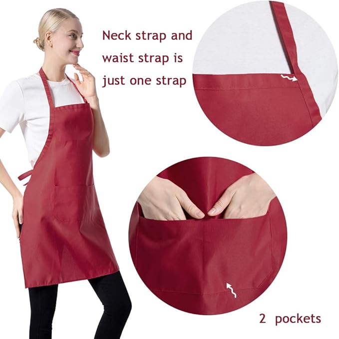 Total 15 PCS Deep Red Plain Deep Red Bib Apron for Women Men Adult with 2 Front Pockets-Painting Baking Cooking Kitchen Apron for Women Girls-(Wine,15pcs)