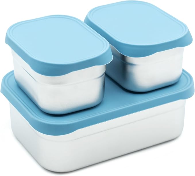 WeeSprout Stainless Steel Lunch Box Set - 750mL & 230mL Food Storage Nested Bento Boxes with Food Grade Silicone Lid - Leak Proof - Freezer Safe (Matte Blue)