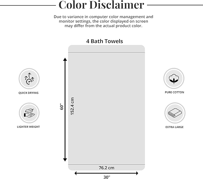 Tens Towels Pack of 4 Extra Large Bath Towels 30 x 60 Inches, 100% Cotton, Larger & Lighter Weight, Quicker to Dry, Super Soft and Absorbent, Perfect for Bathroom, Black