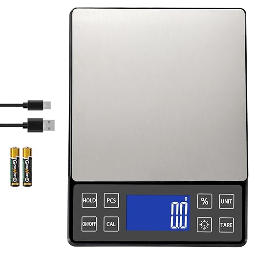 SEMIER Digital Kitchen Scale with 0.1g/0.001oz High Precision, 5kg/11lb Food Bakery Scale with% Percentage Function, Tare Function, USB Rechargeable or AAA Battery Power, Stainless Steel Pan