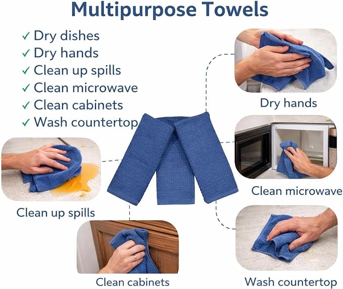 Serafina Home Waffle Blue Kitchen Dish Towels 100% Cotton Cloth Soft Cleaning Drying Absorbent Terry Box Loop: Set of 3 Multipurpose for Everyday Use, 18" x 28" (Blue Box)