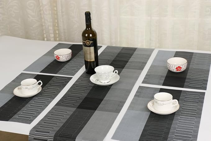 SHACOS Woven Vinyl Table Runner PVC Table Runner 12 x 71 inch Wipe Clean Indoor Outdoor, Ombre Black and Gray