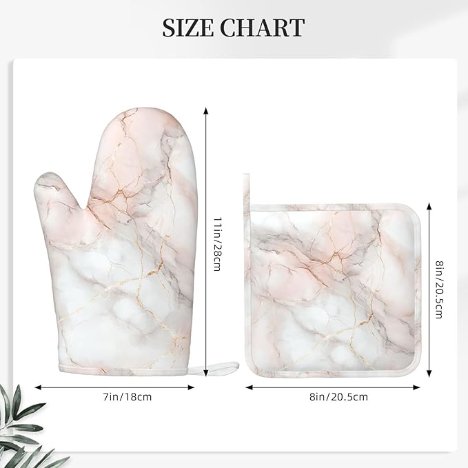 Oven Mitts and Pot Holders Pastel White Pink Marble Silicone Kitchen Accessories Set of 2 Heat Resistant Long Gloves Potholder Non-Slip Grip for Chef Cooking,Baking,Grilling,BBQ