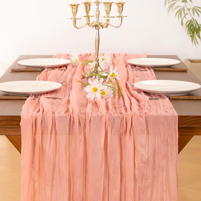 Socomi 2pcs Coral Peach Easter Spring Cheesecloth Table Runner Boho Rustic Gauze 120 inch 10FT Cheese Cloth Runner for Wedding Party Baby Shower Birthday Home Decor Holiday Decorations