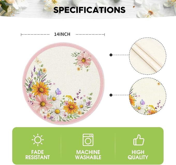 Artoid Mode Pink Sunflowers Butterfly Round Spring Placemats Set of 4, 14 Inch Summer Round Table Mats for Dining Decoration