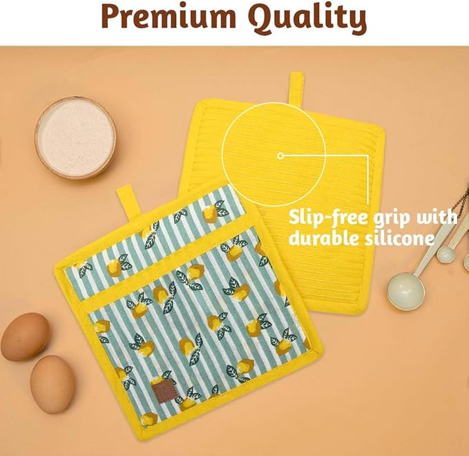 Folkulture Pot Holders for Kitchen | Pack of 2 (8x8) Ribbed Soft Silicone Hot Pads for Kitchen | 100% Cotton Cute Oven Pot Holders Set | Heat Resistant | Machine Washable | Non Slip | Lemon Party
