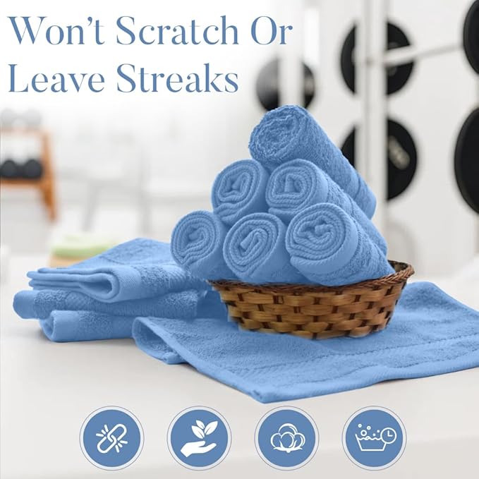 DAN RIVER 12-Pack Premium 100% Cotton Medium Blue Face Towels for Bathroom - Reusable Face Wash Cloths for Showering 12x12 Inches - 550 GSM Super Soft & Absorbent Luxury WashCloths for Body, Spa & Gym