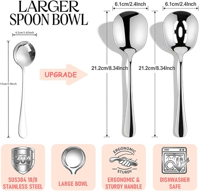 4-piece Serving Spoons, 18/8 stainless steel, Large Buffet Serving Spoon, 2 Slotted Spoons & 2 Solid Spoons, Heavy Duty 304 Stainless Steel Tabletop Flatware Utensil for Banquet, Cooking, and Kitchen