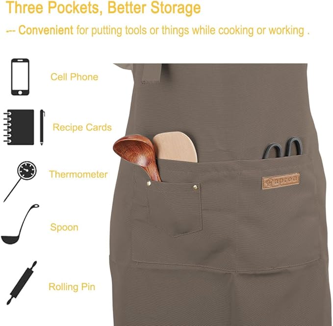 Kitchen Cooking Apron for Women Men with Big Pockets Canvas Waterproof Aprons for Server Pottery Artist Chef Apron