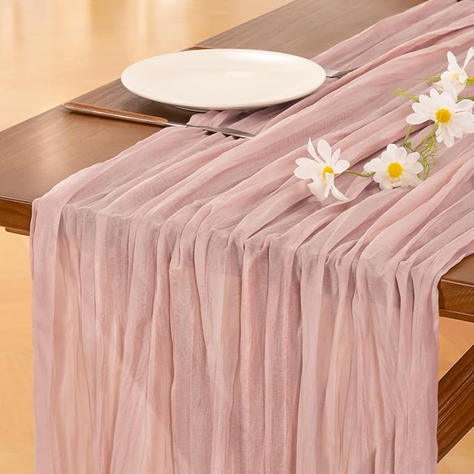 Socomi 15pcs Pink Cheesecloth Table Runner Valentine's Day Boho Rustic Gauze Dusty Pink Farmhouse 120 inch 10FT Cheese Cloth Runner for Wedding Party Baby Shower Birthday Home Decor Holiday