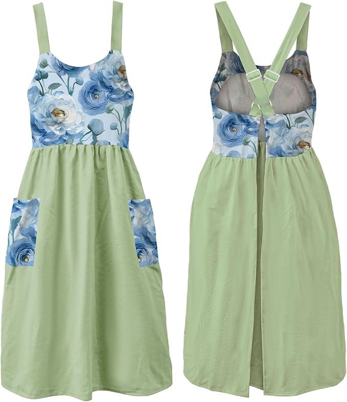 Uaussi Cotton Linen Apron Cross Back Work Apron for Women with Pockets Pinafore Dress X Cross Halter Apron for Chef Gardening